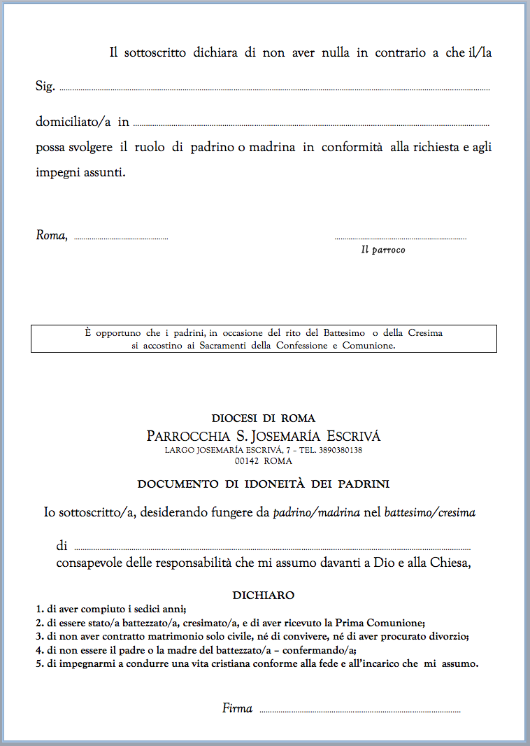 Attestato Di Idoneità Per Padrino E Madrina